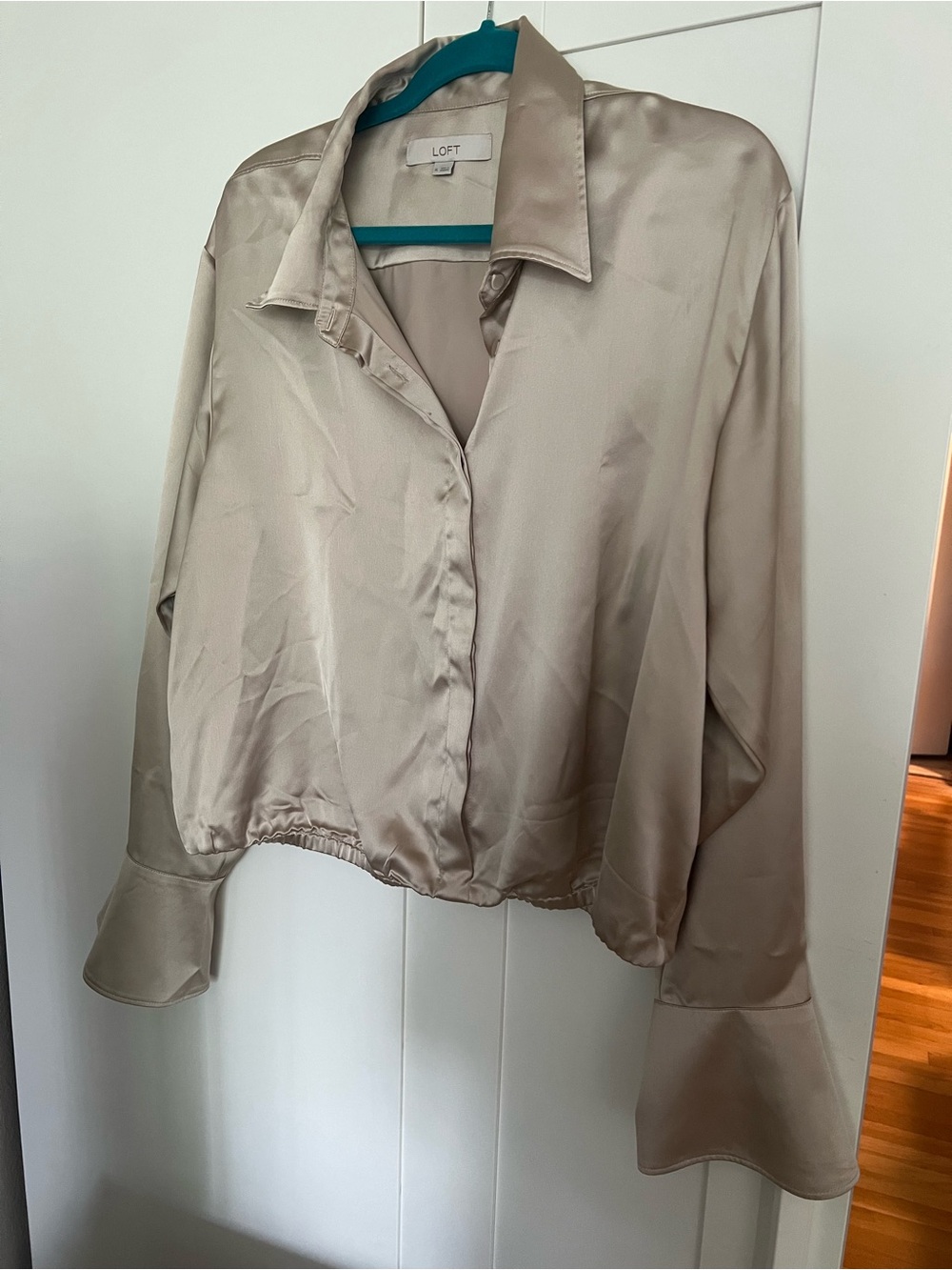LOFT Satin Button-Front Blouse in Taupe Beige